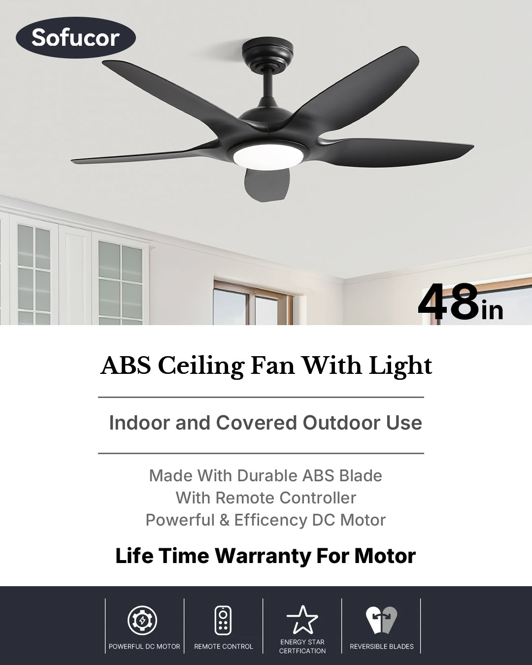 Sofucor 48 Inch Ceiling Fan with LED Lights Remote Control ABS