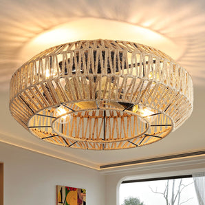 Sofucor 22" Woven Rope Drum Shade Ceiling Fan with Light and Remote